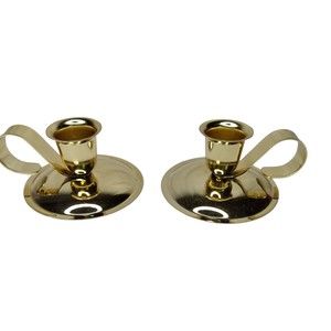 Vintage 2 Piece Lot Brass Plated Saucer Taper Candle Holders With Finger Loop